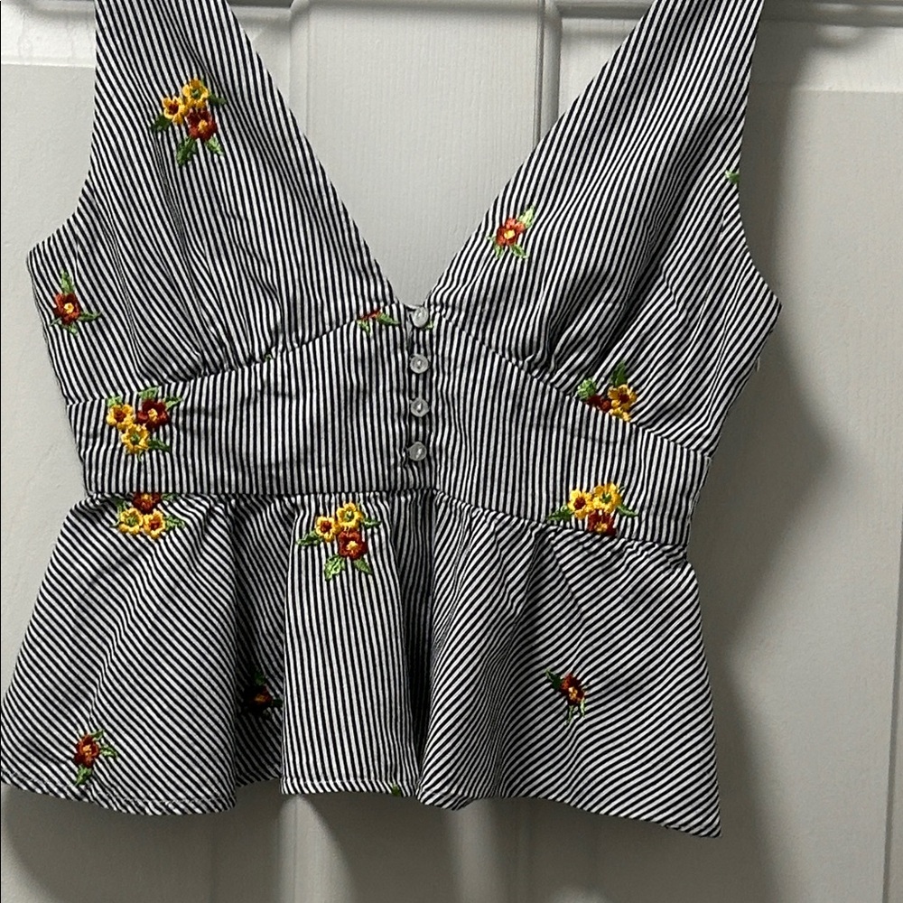 Forever 21 Contemporary Striped Floral Embroidered Babydoll Peplum Top Size S - Picture 11 of 14